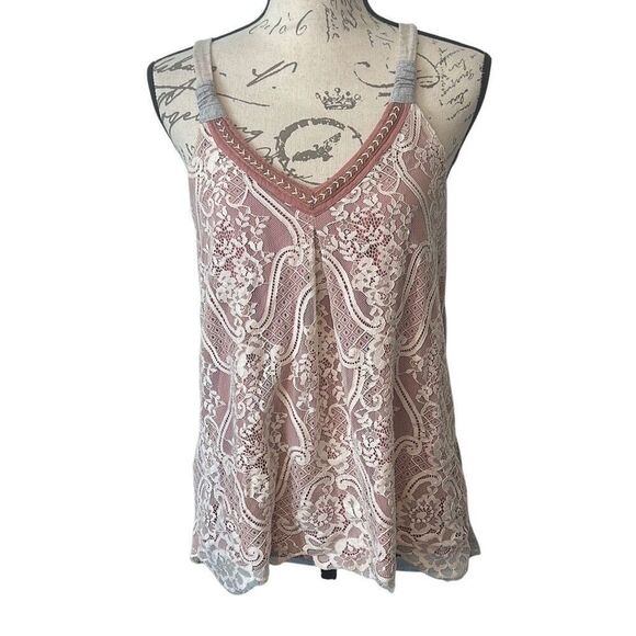 Venus Creme Lace Pink Peak A Boo Boho T-shirt Knit Back Tank Top - Picture 1 of 6